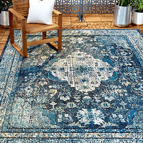 Modern Area Rugs for Indoor and Outdoor patios CAMILSON Outdoor Rug 5x7, Medallion - Blue / White Kitchen and Hallway mats Washable Outside Carpet 